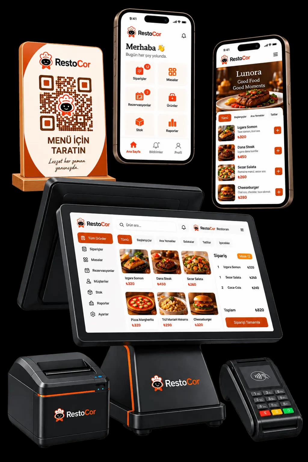 RestoCor dijital menü, restoran yönetimi, POS terminali, fiş yazıcısı ve QR menü standı