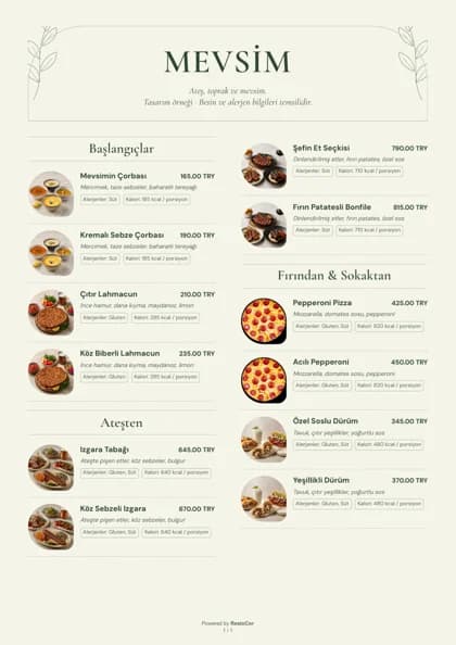 Beispiel einer Restaurant-PDF-Speisekarte im Design Botanical