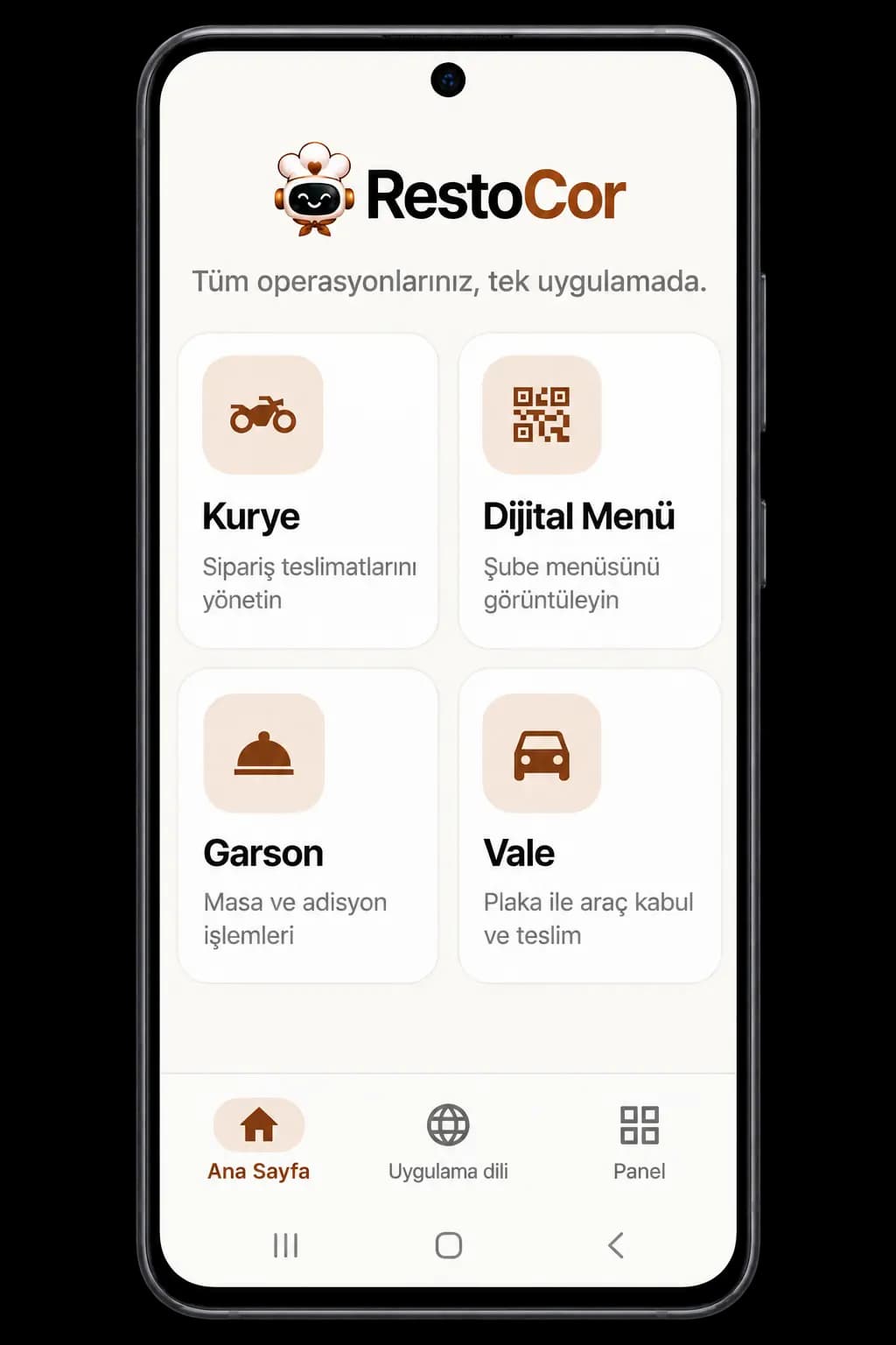 RestoCor Android uygulamasında kurye, dijital menü, garson ve vale ekranları