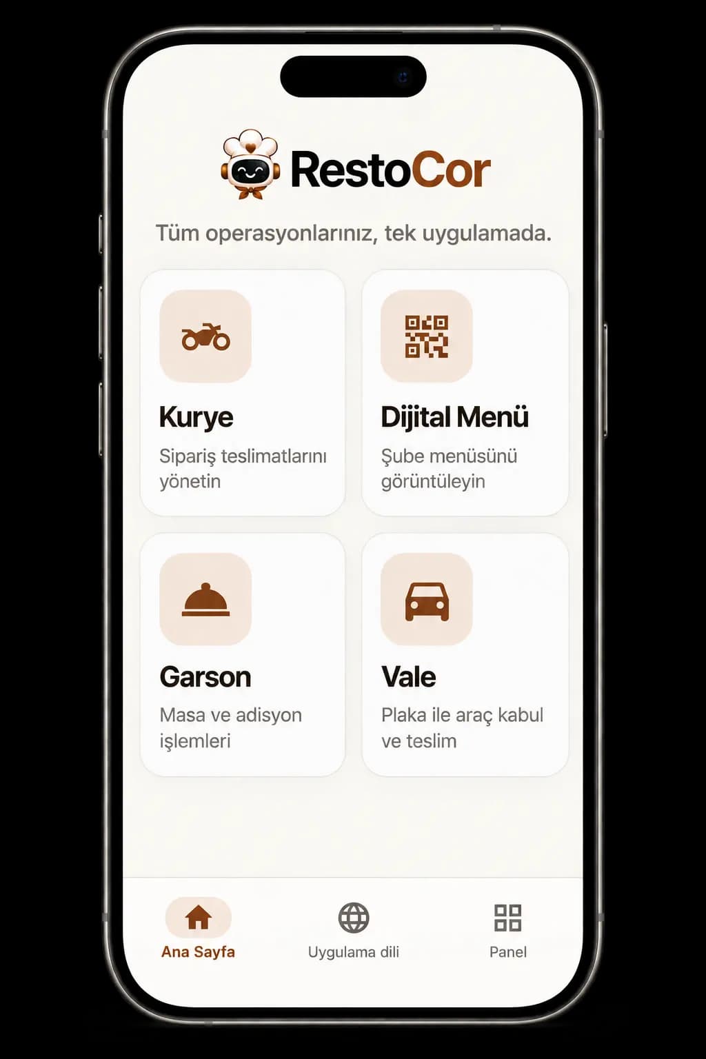 RestoCor iOS uygulamasında kurye, dijital menü, garson ve vale ekranları