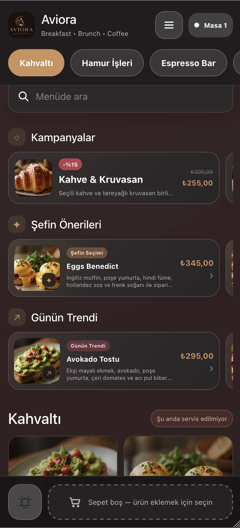 Aviora QR menü önizlemesi