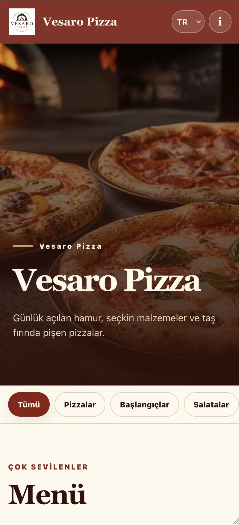 Vesaro Pizza QR menü önizlemesi