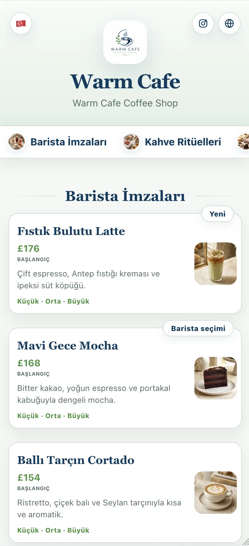 Warm Cafe QR menü önizlemesi